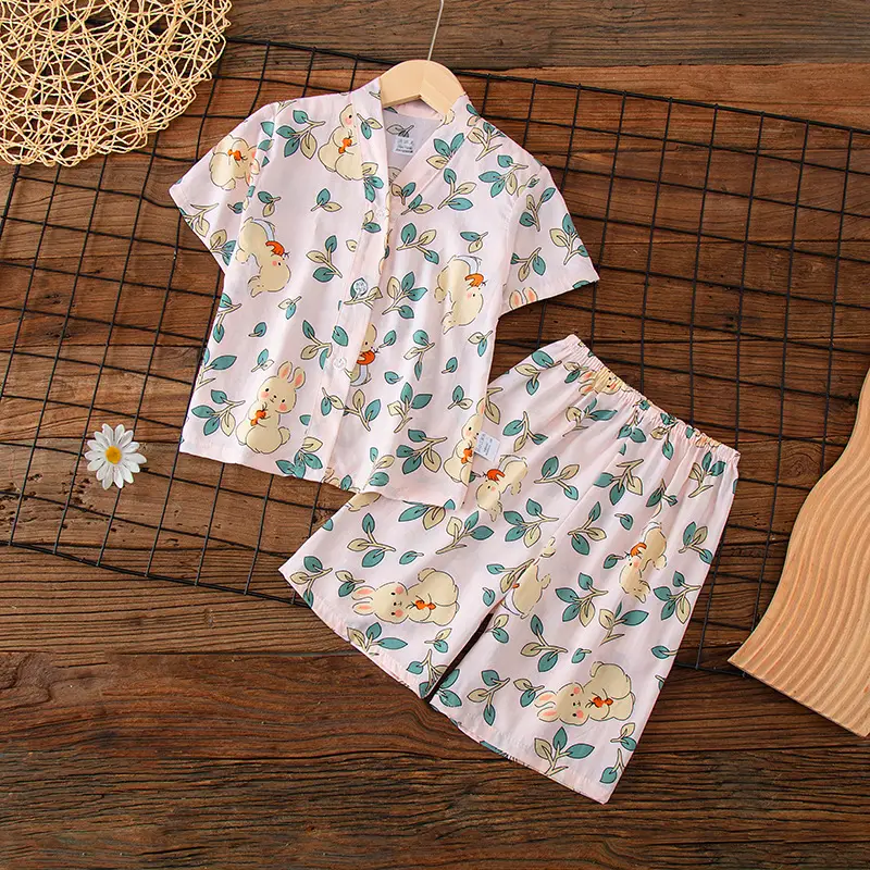 Summer Children's Short-Sleeve Shorts Pajamas Cotton Silk Boys' and Girls' Set Cotton Silk Baby Air-Conditioned Home Wear Thin Style