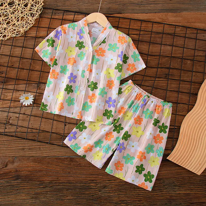 Summer Children's Short-Sleeve Shorts Pajamas Cotton Silk Boys' and Girls' Set Cotton Silk Baby Air-Conditioned Home Wear Thin Style