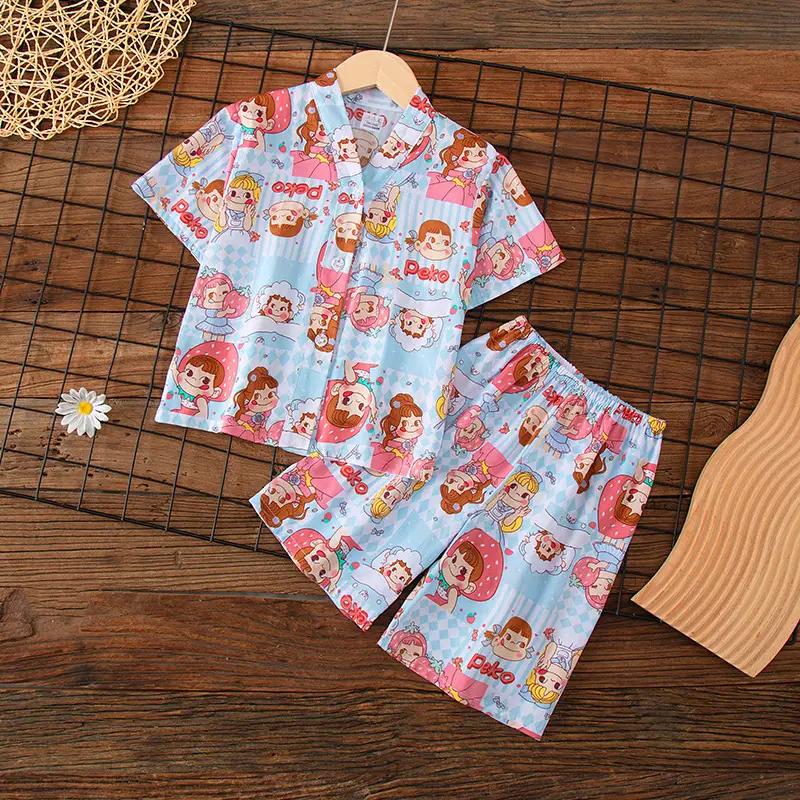 Summer Children's Short-Sleeve Shorts Pajamas Cotton Silk Boys' and Girls' Set Cotton Silk Baby Air-Conditioned Home Wear Thin Style
