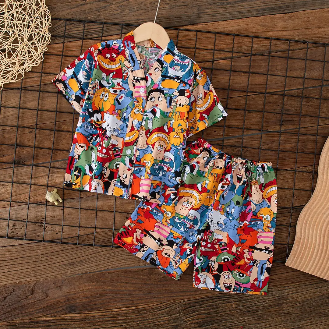 Summer Children's Short-Sleeve Shorts Pajamas Cotton Silk Boys' and Girls' Set Cotton Silk Baby Air-Conditioned Home Wear Thin Style