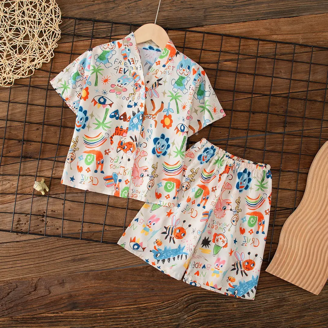 Summer Children's Short-Sleeve Shorts Pajamas Cotton Silk Boys' and Girls' Set Cotton Silk Baby Air-Conditioned Home Wear Thin Style