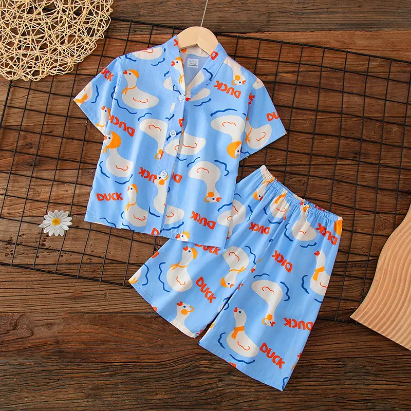 Summer Children's Short-Sleeve Shorts Pajamas Cotton Silk Boys' and Girls' Set Cotton Silk Baby Air-Conditioned Home Wear Thin Style