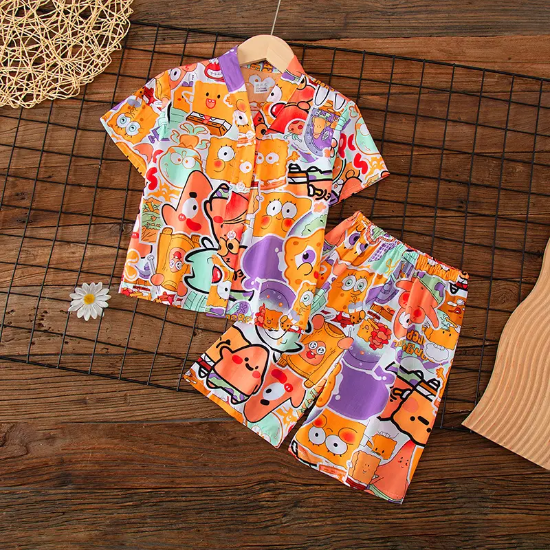 Summer Children's Short-Sleeve Shorts Pajamas Cotton Silk Boys' and Girls' Set Cotton Silk Baby Air-Conditioned Home Wear Thin Style