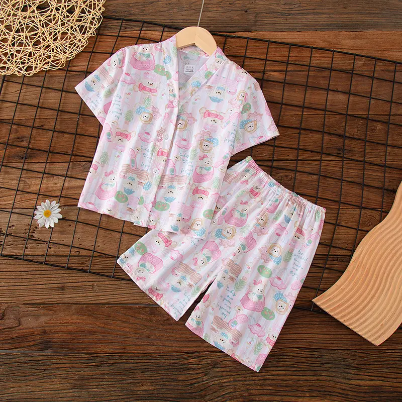 Summer Children's Short-Sleeve Shorts Pajamas Cotton Silk Boys' and Girls' Set Cotton Silk Baby Air-Conditioned Home Wear Thin Style