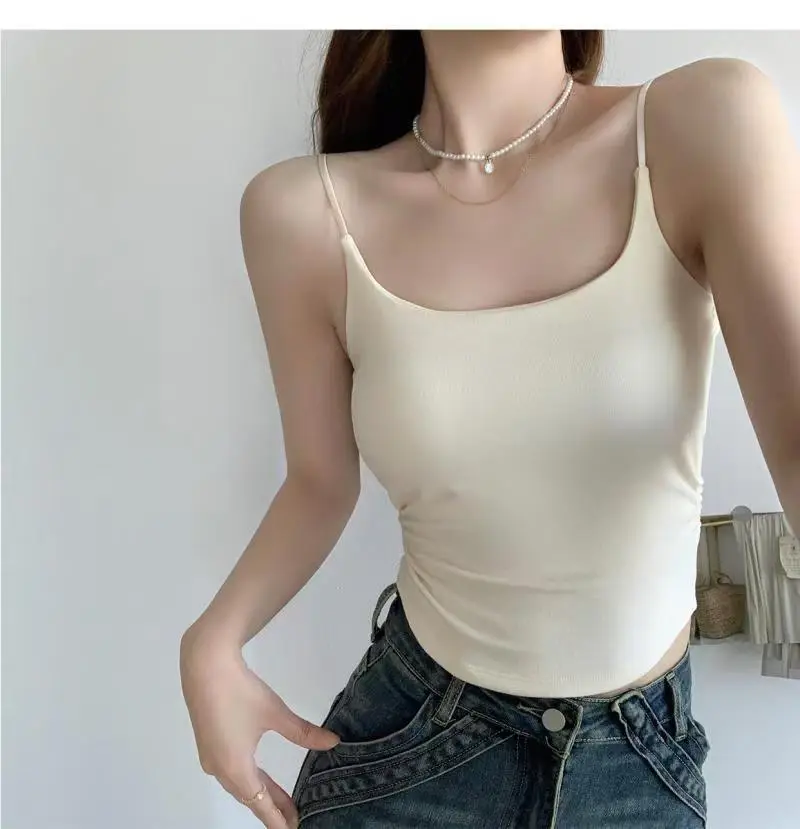 Rayon Solid Color Waist-Cinching Ruched Slimming Backless Camisole with Chest Pads Versatile Outerwear Base Top for Women — feature 14
