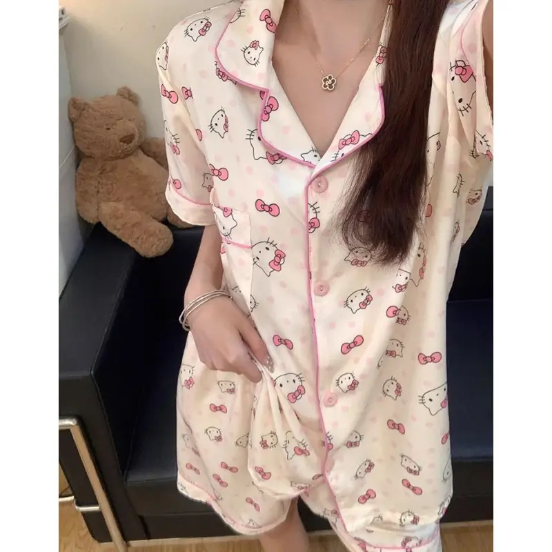 Hello Kitty Kt Pajamas for Women, Summer Ice Silk Short-Sleeve Shorts, Cartoon Cute Cardigan, Trendy Loungewear Set