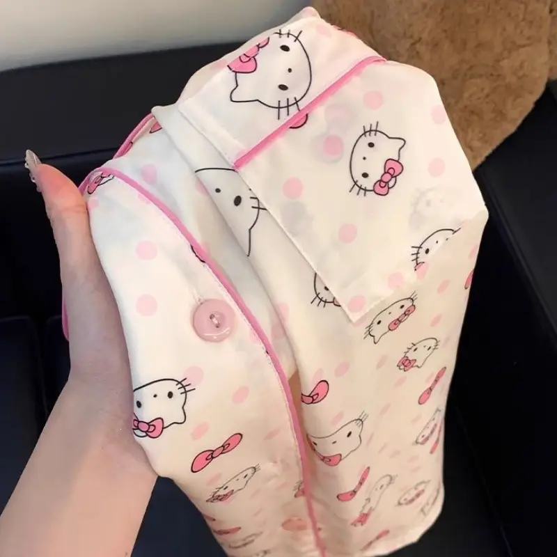 Hello Kitty Kt Pajamas for Women, Summer Ice Silk Short-Sleeve Shorts, Cartoon Cute Cardigan, Trendy Loungewear Set