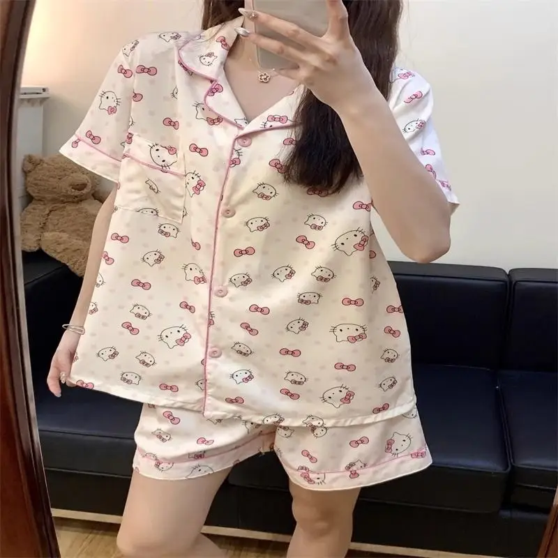 Hello Kitty Kt Pajamas for Women, Summer Ice Silk Short-Sleeve Shorts, Cartoon Cute Cardigan, Trendy Loungewear Set — feature 4