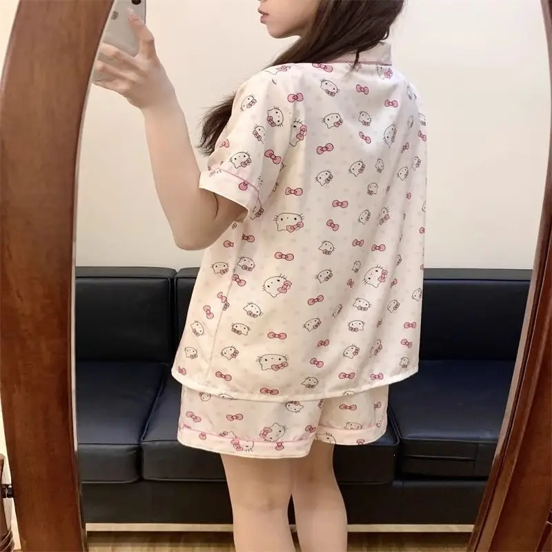 Hello Kitty Kt Pajamas for Women, Summer Ice Silk Short-Sleeve Shorts, Cartoon Cute Cardigan, Trendy Loungewear Set — feature 5