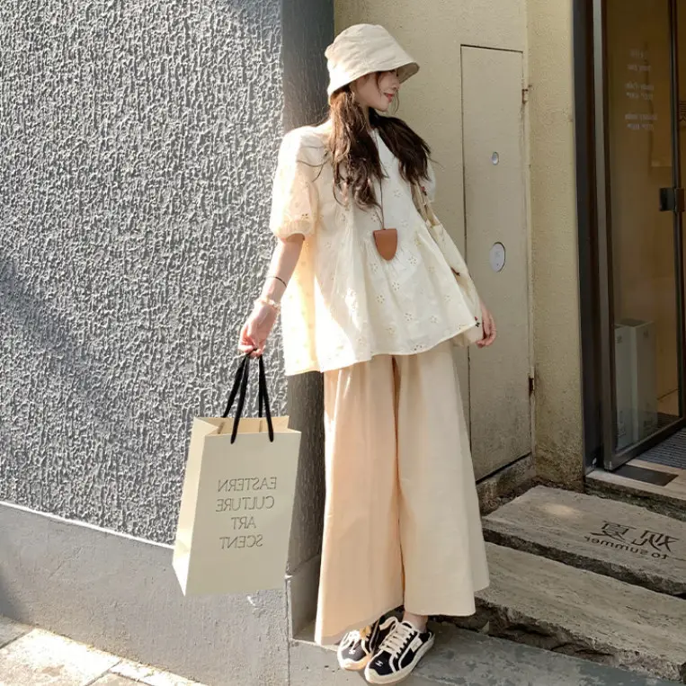 Maternity Suit Summer 2026 New Korean Style Fashion Loose Apricot Color Round Neck Short-Sleeved Top and Pants Two-Piece Set for Women