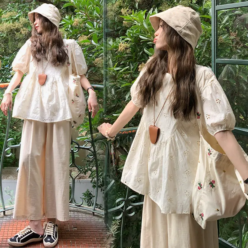 Maternity Suit Summer 2026 New Korean Style Fashion Loose Apricot Color Round Neck Short-Sleeved Top and Pants Two-Piece Set for Women