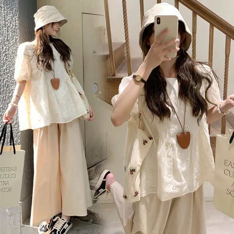 Maternity Suit Summer 2026 New Korean Style Fashion Loose Apricot Color Round Neck Short-Sleeved Top and Pants Two-Piece Set for Women
