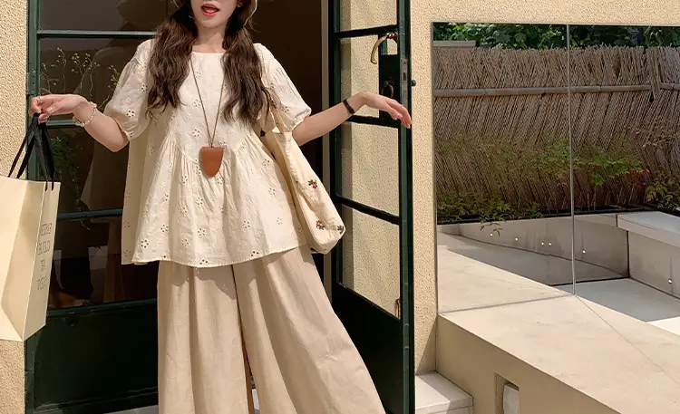 Maternity Suit Summer 2026 New Korean Style Fashion Loose Apricot Color Round Neck Short-Sleeved Top and Pants Two-Piece Set for Women — feature 7