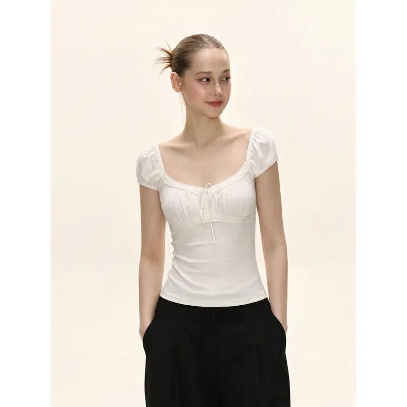 In-Stock 260g Rayon American-Style Square-Neck Short-Sleeve T-Shirt for Women, Summer Slim-Fit Large Neckline with Lace Trim and Tie-Up