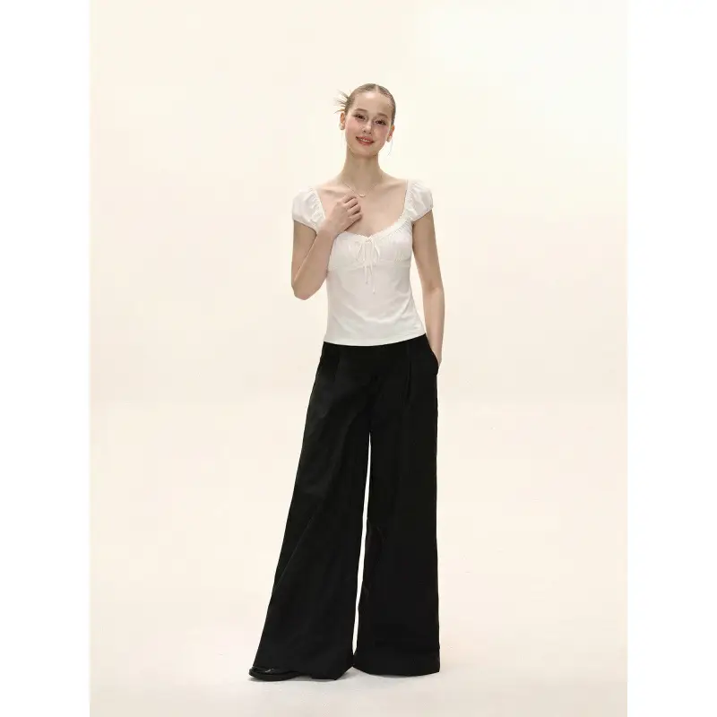 In-Stock 260g Rayon American-Style Square-Neck Short-Sleeve T-Shirt for Women, Summer Slim-Fit Large Neckline with Lace Trim and Tie-Up