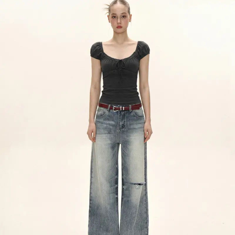 In-Stock 260g Rayon American-Style Square-Neck Short-Sleeve T-Shirt for Women, Summer Slim-Fit Large Neckline with Lace Trim and Tie-Up