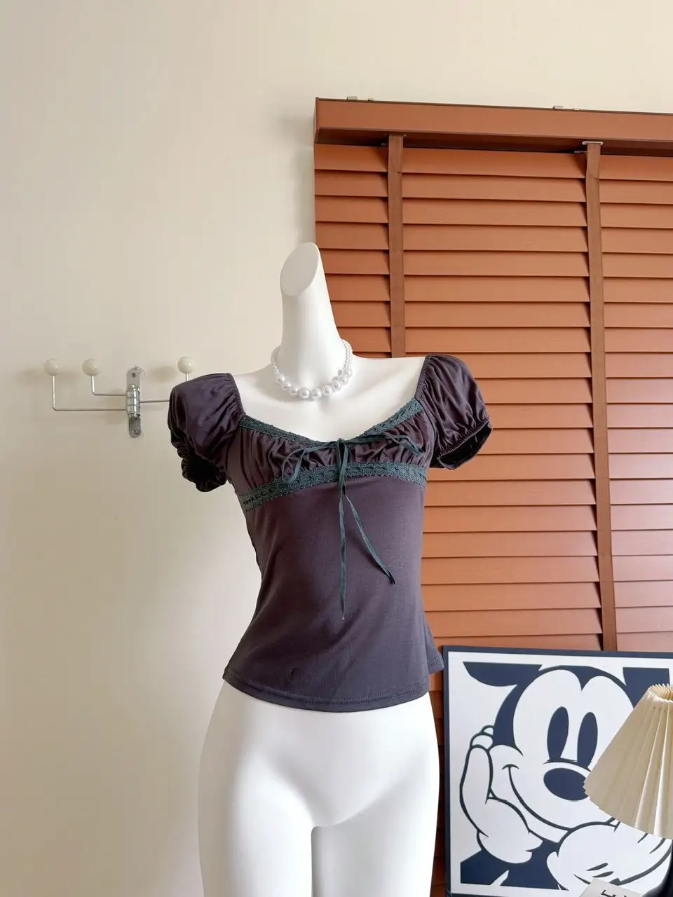 In-Stock 260g Rayon American-Style Square-Neck Short-Sleeve T-Shirt for Women, Summer Slim-Fit Large Neckline with Lace Trim and Tie-Up — feature 13