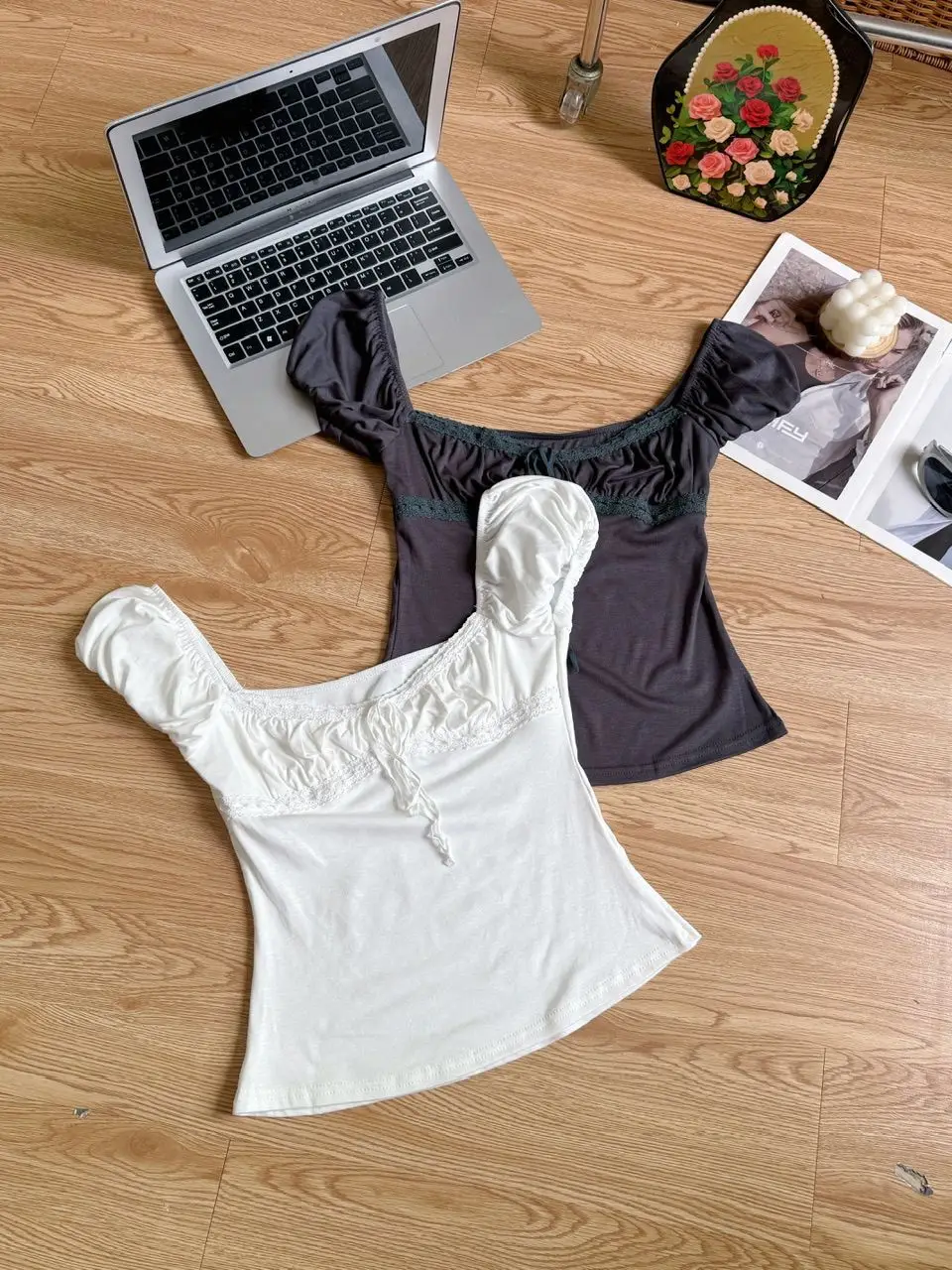 In-Stock 260g Rayon American-Style Square-Neck Short-Sleeve T-Shirt for Women, Summer Slim-Fit Large Neckline with Lace Trim and Tie-Up — feature 14