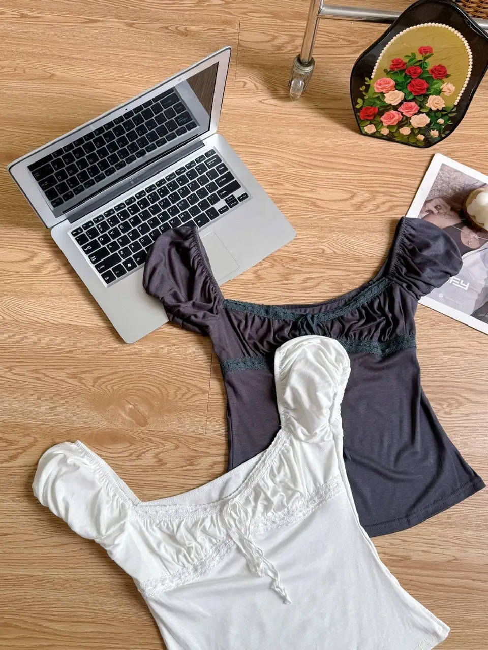 In-Stock 260g Rayon American-Style Square-Neck Short-Sleeve T-Shirt for Women, Summer Slim-Fit Large Neckline with Lace Trim and Tie-Up — feature 15