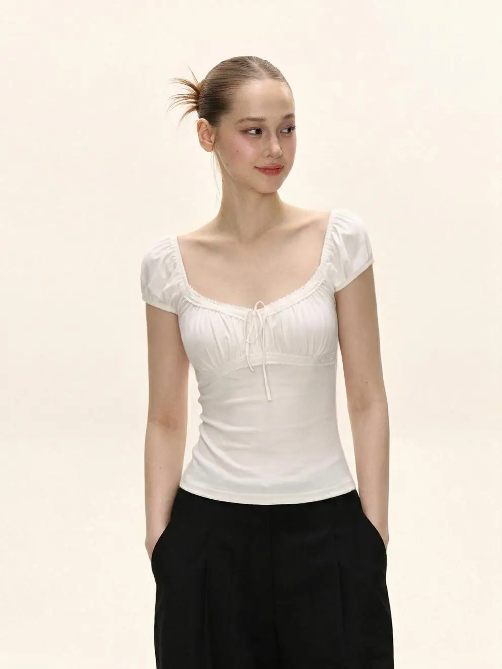 In-Stock 260g Rayon American-Style Square-Neck Short-Sleeve T-Shirt for Women, Summer Slim-Fit Large Neckline with Lace Trim and Tie-Up — feature 4