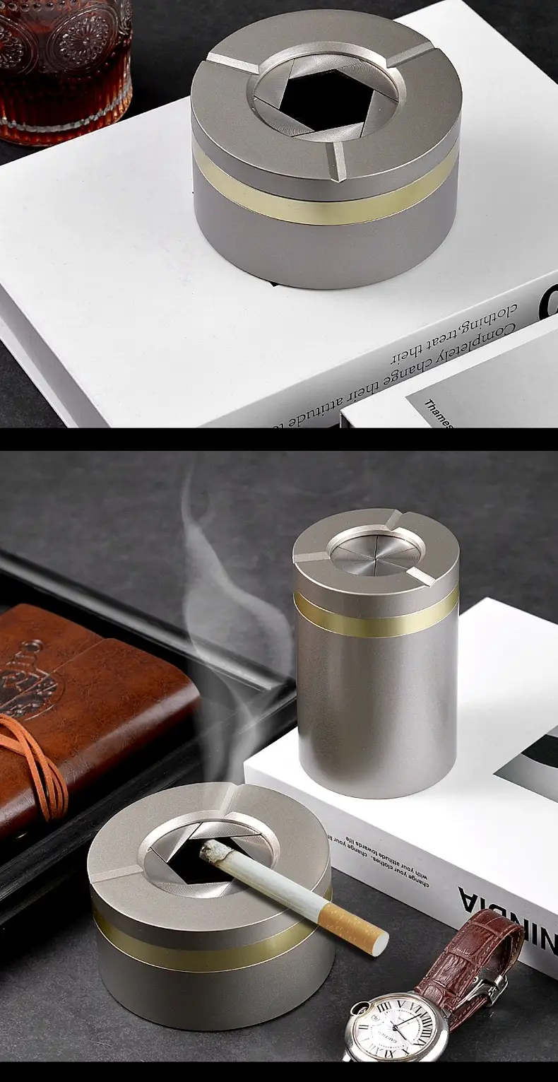 Aluminum alloy creative rotatable and collapsible ashtray with lid, new model for car and home desktop, high-end ashtray — feature 9