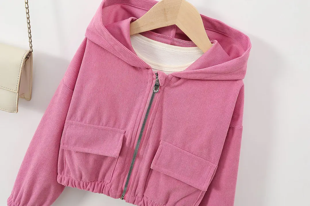 Direct sales from the source factory: girls' short zip-up jacket with hood, casual sporty style, fashionable new spring children's clothing — feature 32