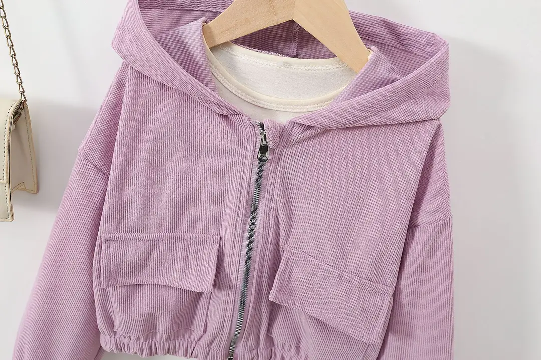 Direct sales from the source factory: girls' short zip-up jacket with hood, casual sporty style, fashionable new spring children's clothing — feature 37