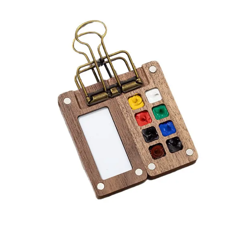 Mini Watercolor Paint Walnut Wood Box Portable Sketchbook Travel Painting Notebook Color Mixing Small Drawing Board