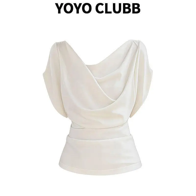 French-Style Elegant Batwing Sleeve Ruched Draped Collar Top for Women, Summer Design, Slimming, Commuting, Regular Shoulder Short-Sleeve T-Shirt