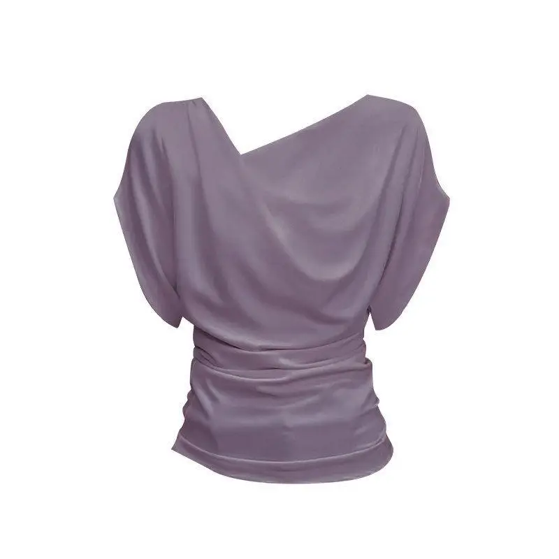 French-Style Elegant Batwing Sleeve Ruched Draped Collar Top for Women, Summer Design, Slimming, Commuting, Regular Shoulder Short-Sleeve T-Shirt — feature 4