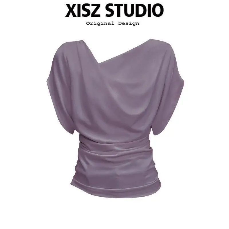French-Style Elegant Batwing Sleeve Ruched Draped Collar Top for Women, Summer Design, Slimming, Commuting, Regular Shoulder Short-Sleeve T-Shirt — feature 5