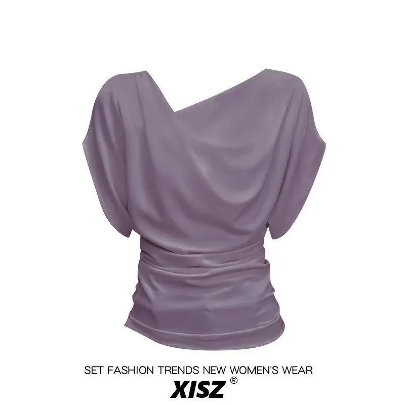 French-Style Elegant Batwing Sleeve Ruched Draped Collar Top for Women, Summer Design, Slimming, Commuting, Regular Shoulder Short-Sleeve T-Shirt