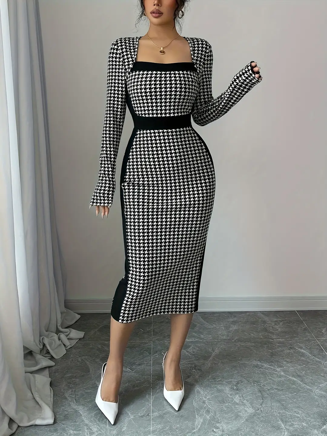 Autumn and Winter Fashionable and Elegant Waist-Cinching Slim-Fit Retro Square-Neck High-End Exquisite Houndstooth Long-Sleeve Dress