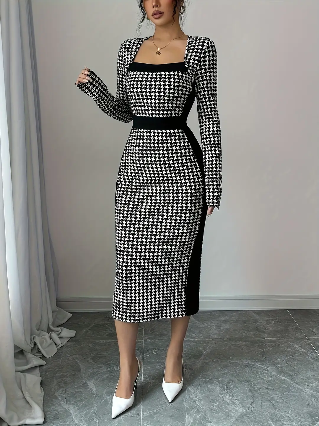 Autumn and Winter Fashionable and Elegant Waist-Cinching Slim-Fit Retro Square-Neck High-End Exquisite Houndstooth Long-Sleeve Dress