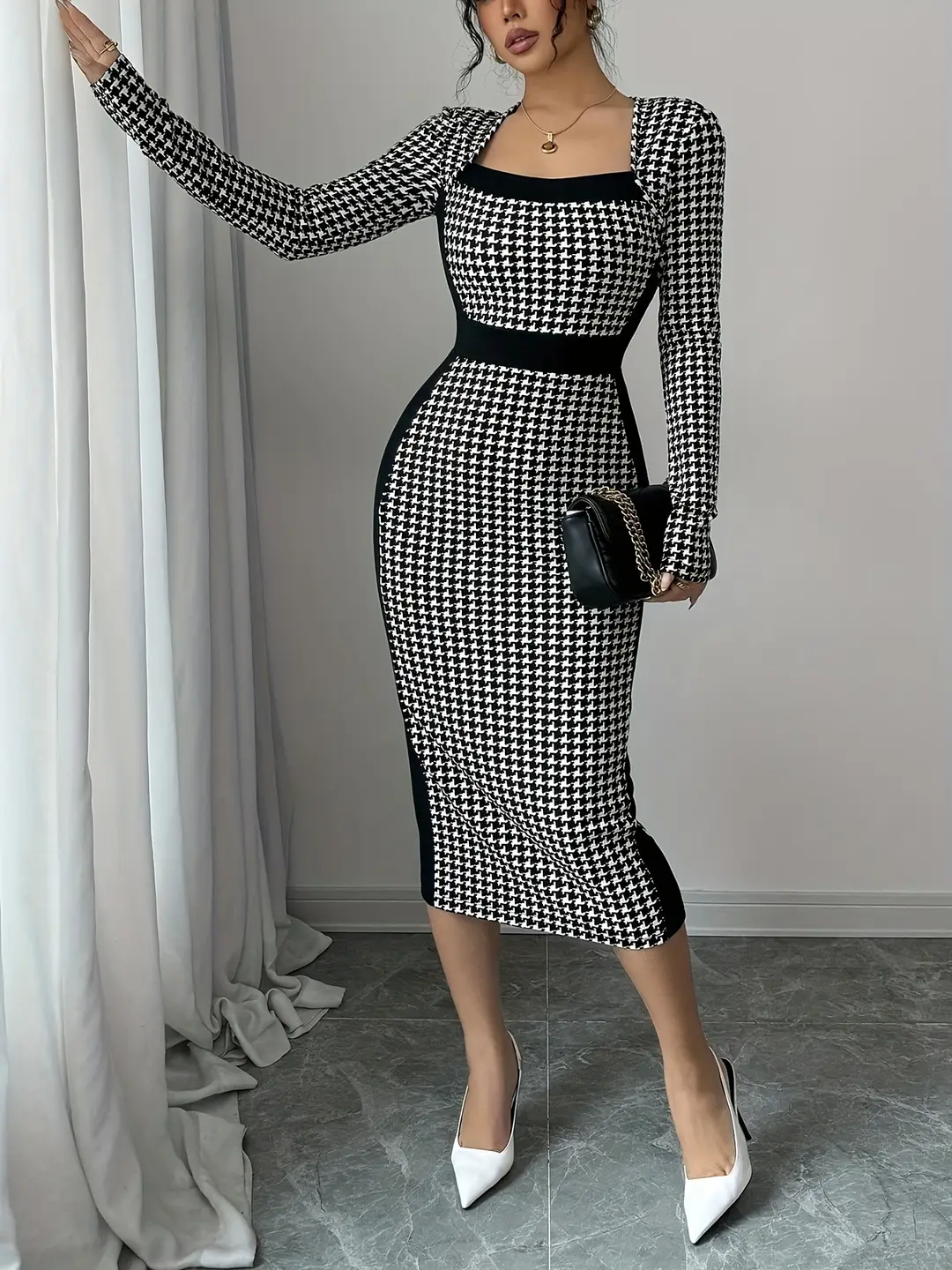 Autumn and Winter Fashionable and Elegant Waist-Cinching Slim-Fit Retro Square-Neck High-End Exquisite Houndstooth Long-Sleeve Dress