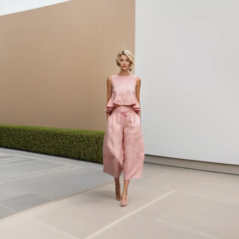2026 New In-Stock European and American Cross-Border Summer Independent Brand Women's Linen Blend Two-Piece Set with Ruffles