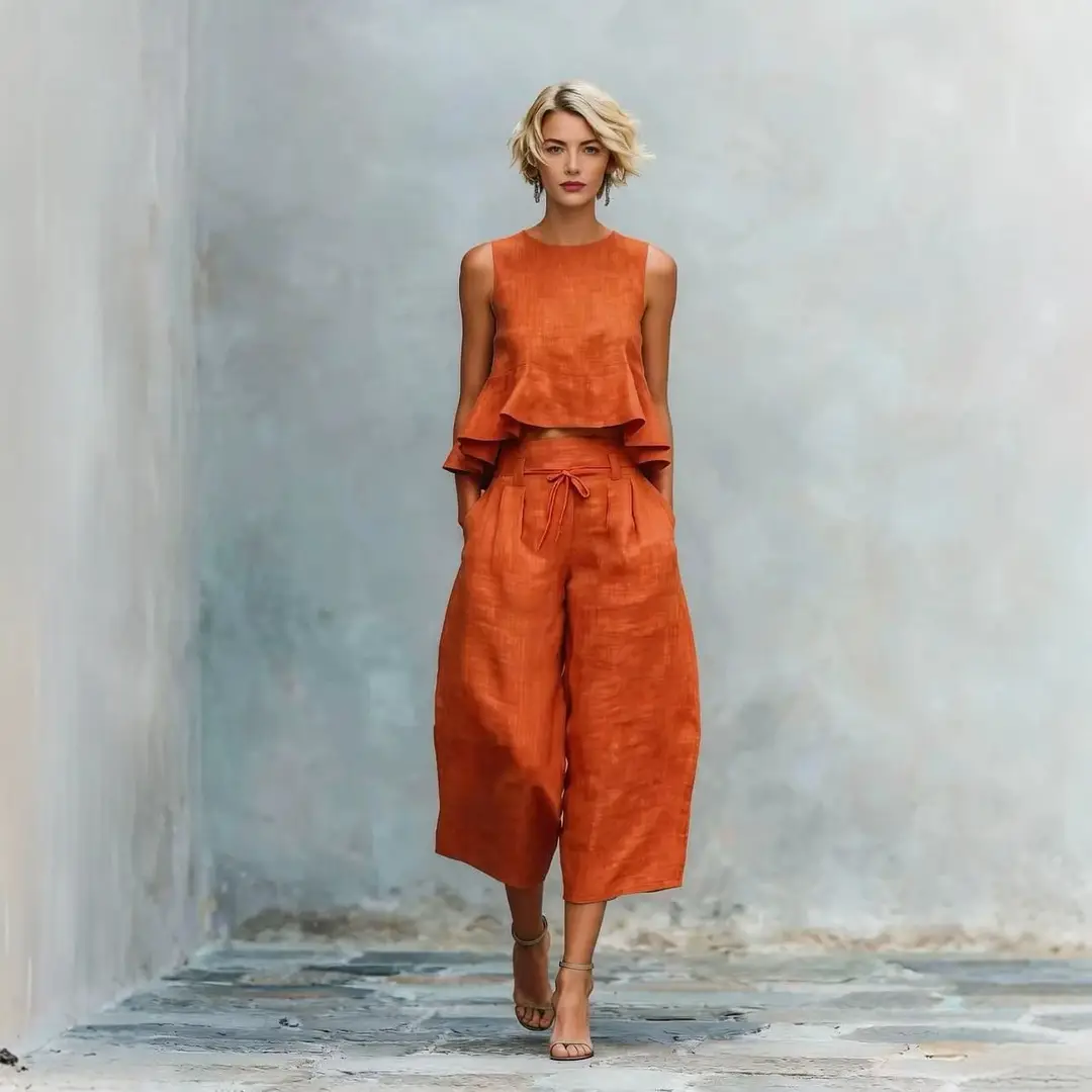 2026 New In-Stock European and American Cross-Border Summer Independent Brand Women's Linen Blend Two-Piece Set with Ruffles