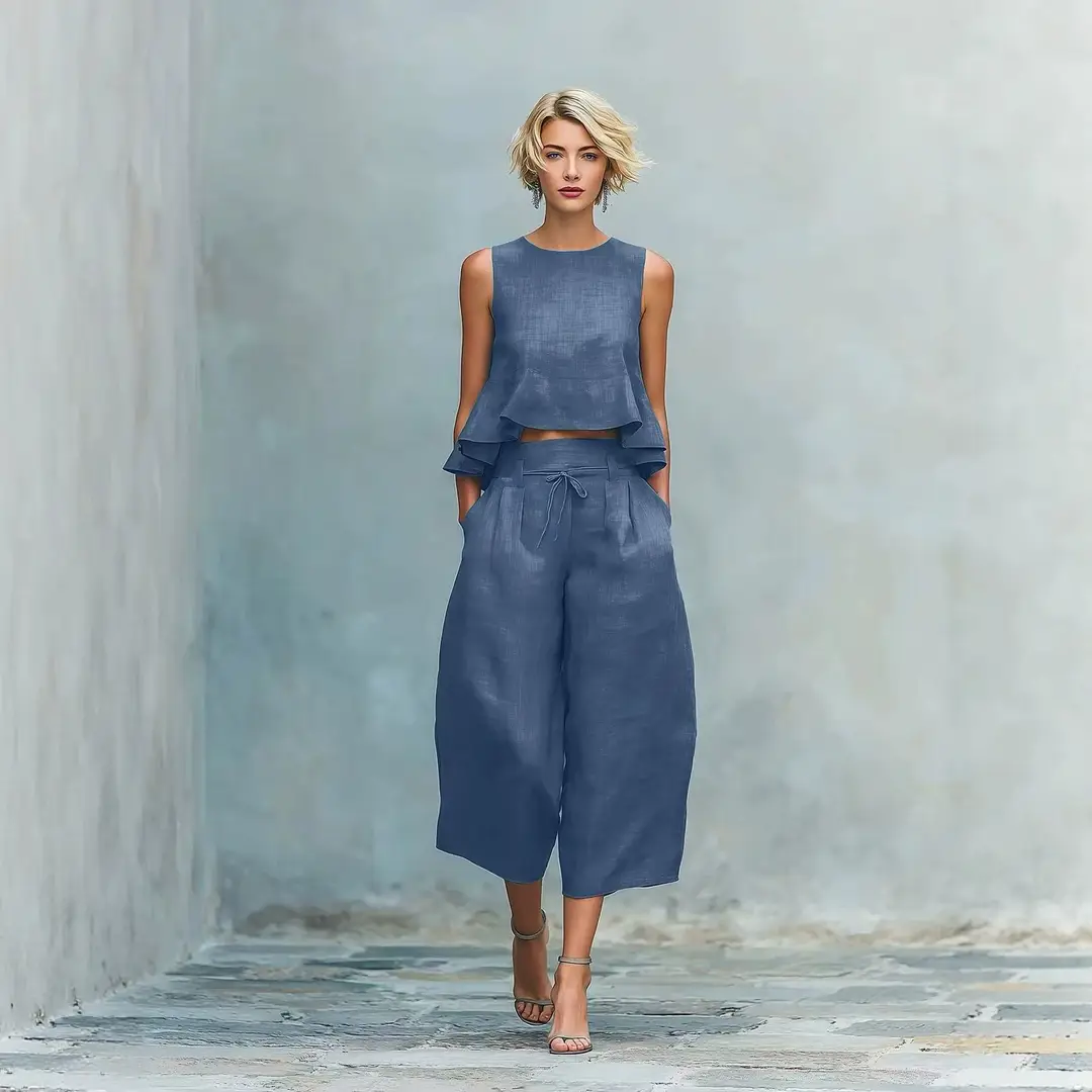 2026 New In-Stock European and American Cross-Border Summer Independent Brand Women's Linen Blend Two-Piece Set with Ruffles