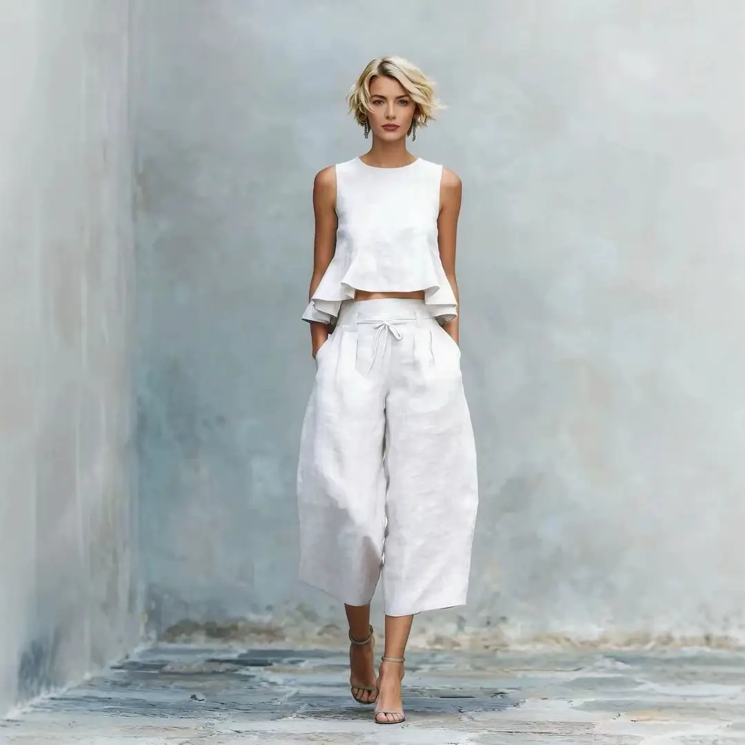2026 New In-Stock European and American Cross-Border Summer Independent Brand Women's Linen Blend Two-Piece Set with Ruffles