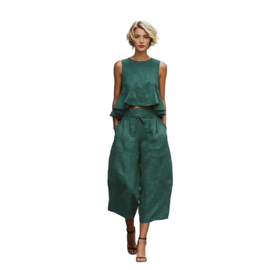 2026 New In-Stock European and American Cross-Border Summer Independent Brand Women's Linen Blend Two-Piece Set with Ruffles