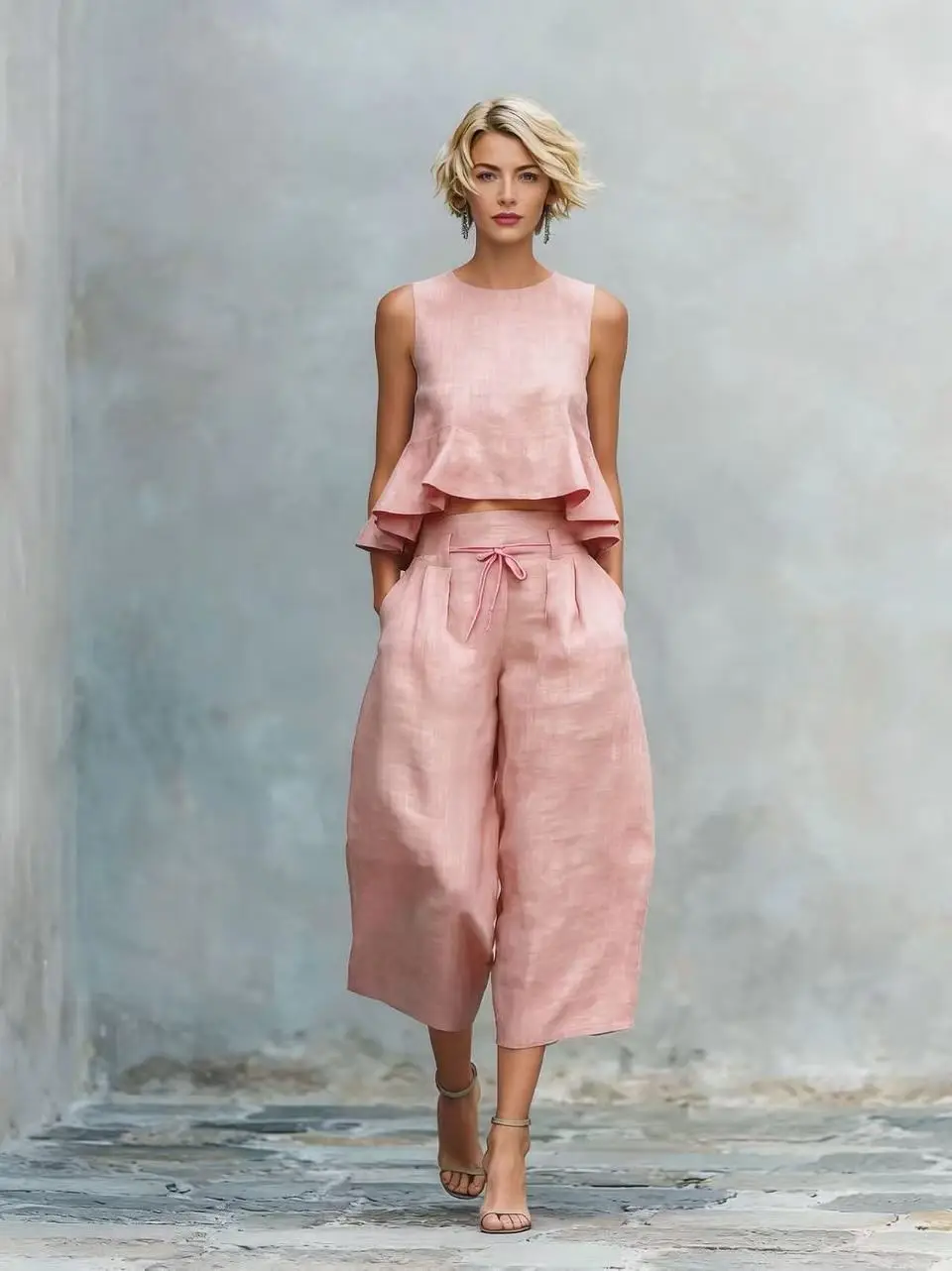 2026 New In-Stock European and American Cross-Border Summer Independent Brand Women's Linen Blend Two-Piece Set with Ruffles — feature 4
