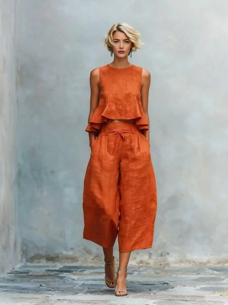 2026 New In-Stock European and American Cross-Border Summer Independent Brand Women's Linen Blend Two-Piece Set with Ruffles — feature 5