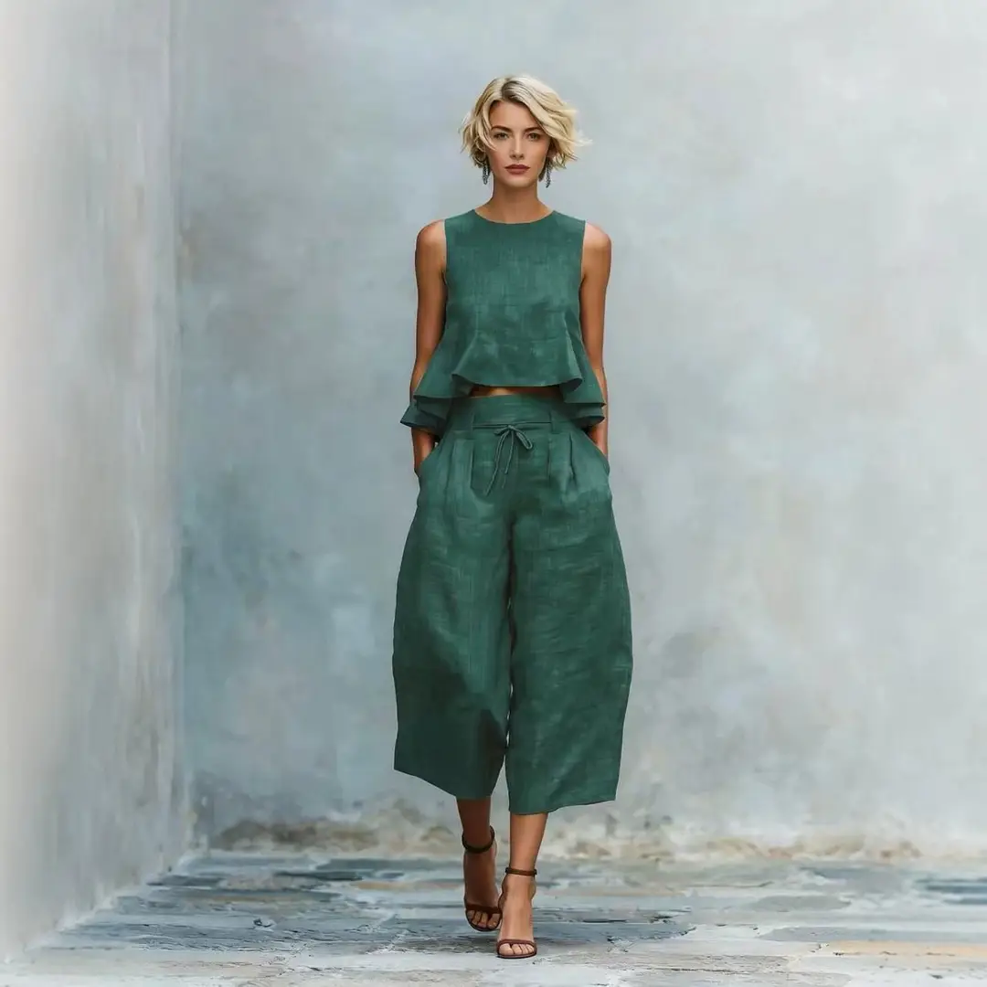 2026 New In-Stock European and American Cross-Border Summer Independent Brand Women's Linen Blend Two-Piece Set with Ruffles