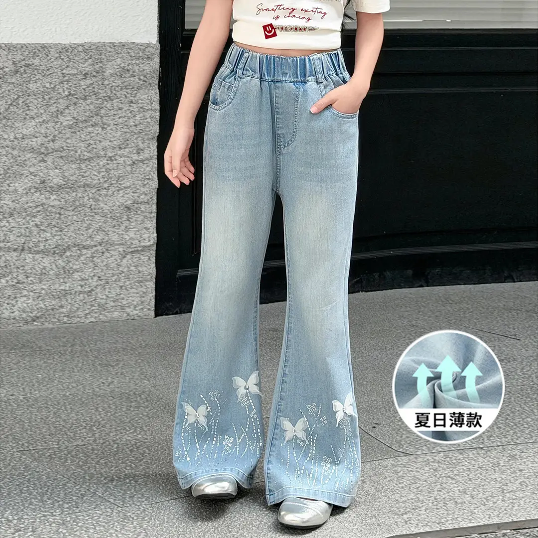 Tencel Girls' Summer Jeans New Thin Style Versatile Flared Pants for Older Children Summer Long Pants Bell-Bottom Pants - Image 3