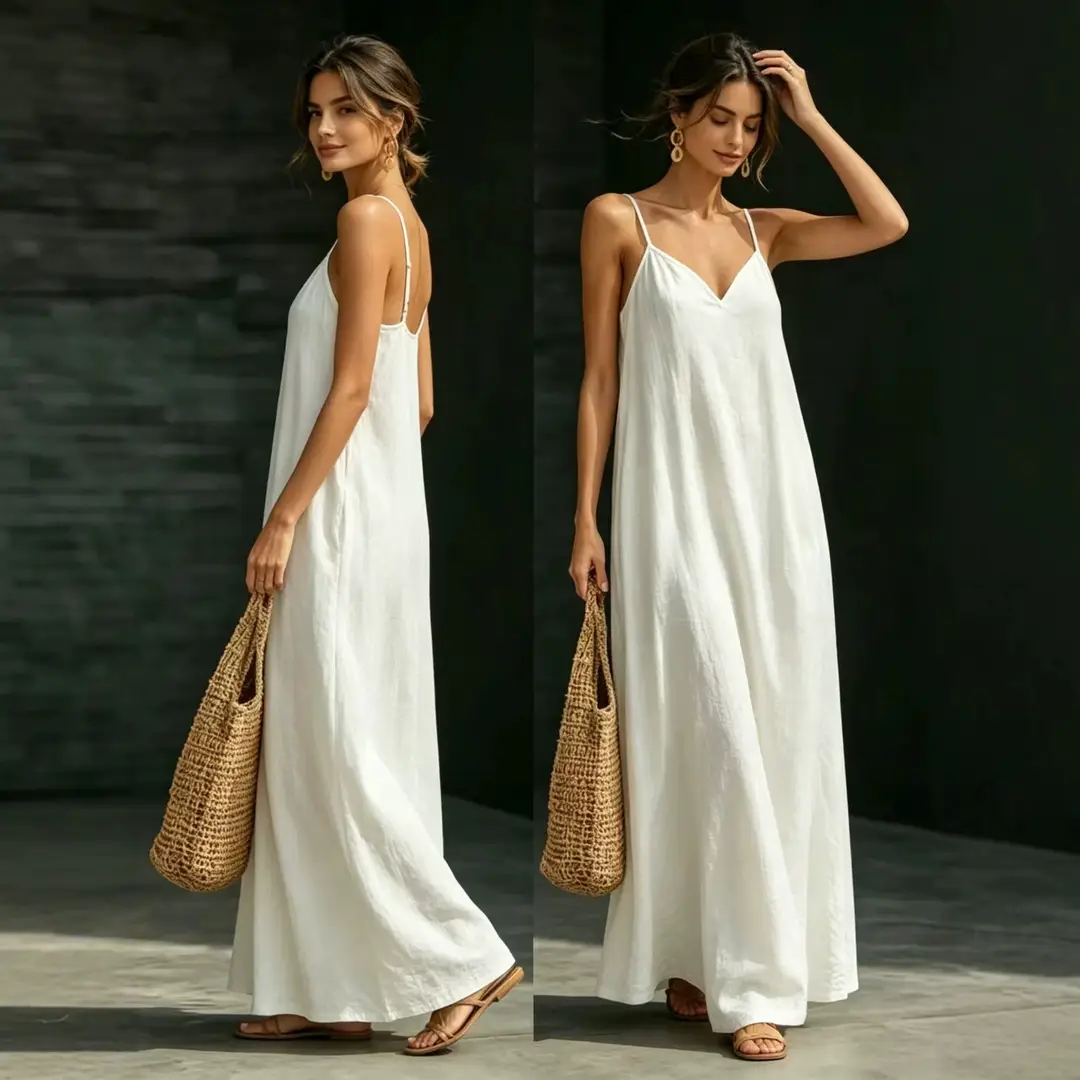 Cross-Border Foreign Trade Summer Dress 2026 New Style V-Neck Strap Long Dress Casual Fashion Large Hem Solid Color Long Dress for Women