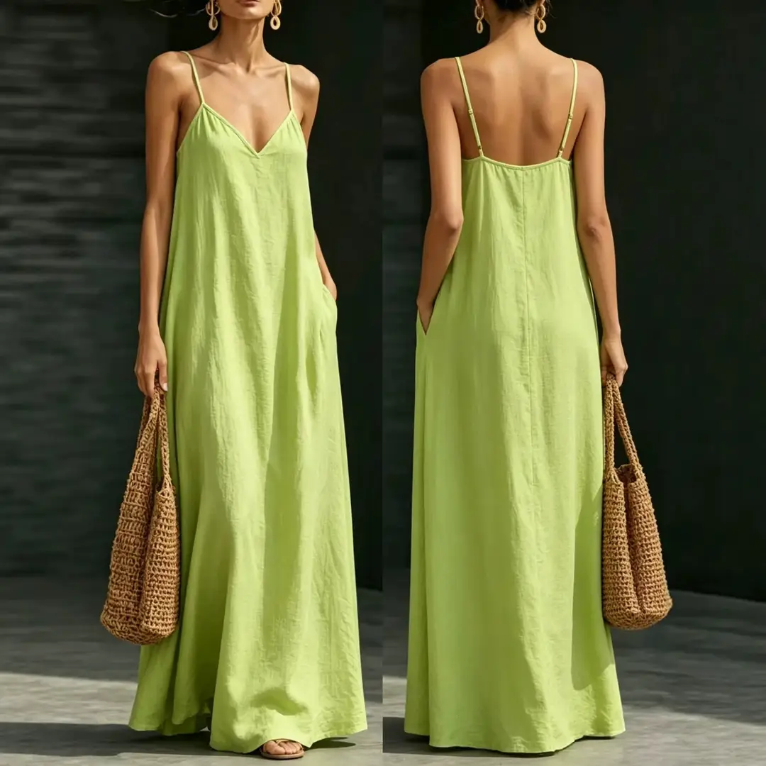 Cross-Border Foreign Trade Summer Dress 2026 New Style V-Neck Strap Long Dress Casual Fashion Large Hem Solid Color Long Dress for Women