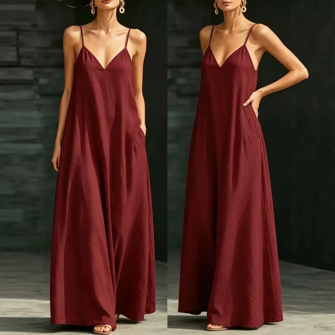 Cross-Border Foreign Trade Summer Dress 2026 New Style V-Neck Strap Long Dress Casual Fashion Large Hem Solid Color Long Dress for Women