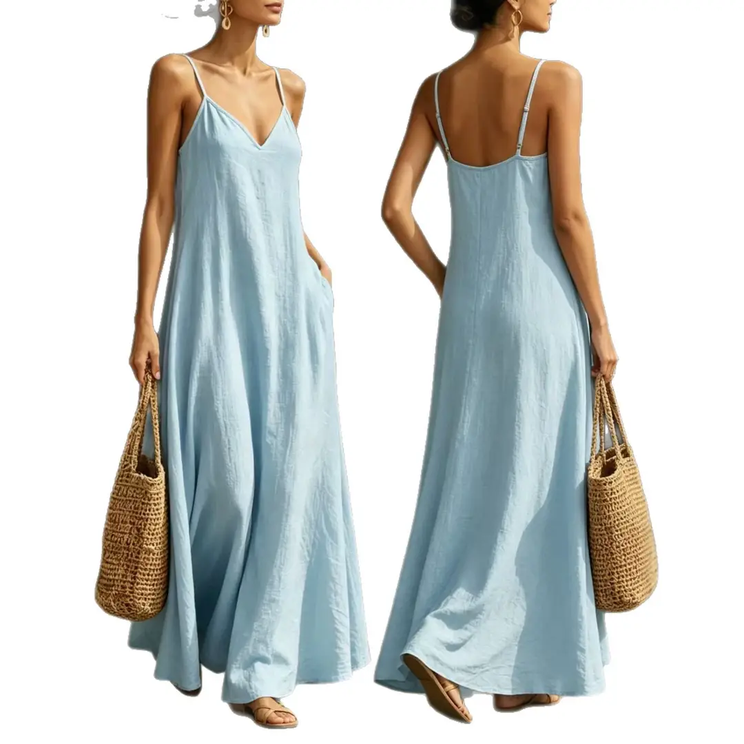 Cross-Border Foreign Trade Summer Dress 2026 New Style V-Neck Strap Long Dress Casual Fashion Large Hem Solid Color Long Dress for Women