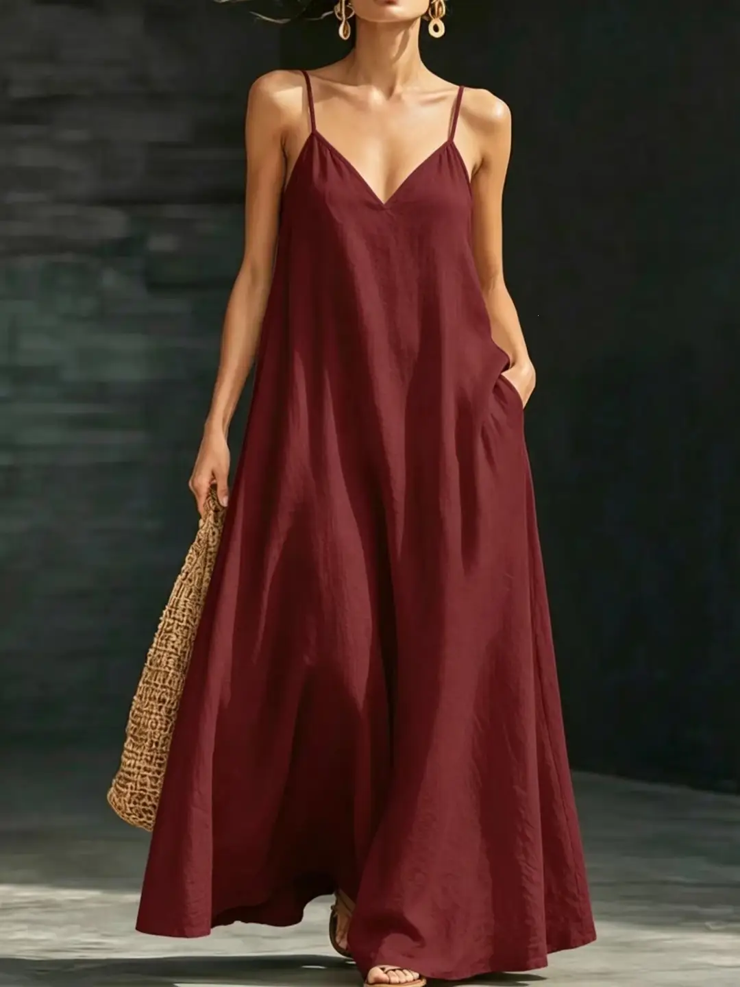 Cross-Border Foreign Trade Summer Dress 2026 New Style V-Neck Strap Long Dress Casual Fashion Large Hem Solid Color Long Dress for Women