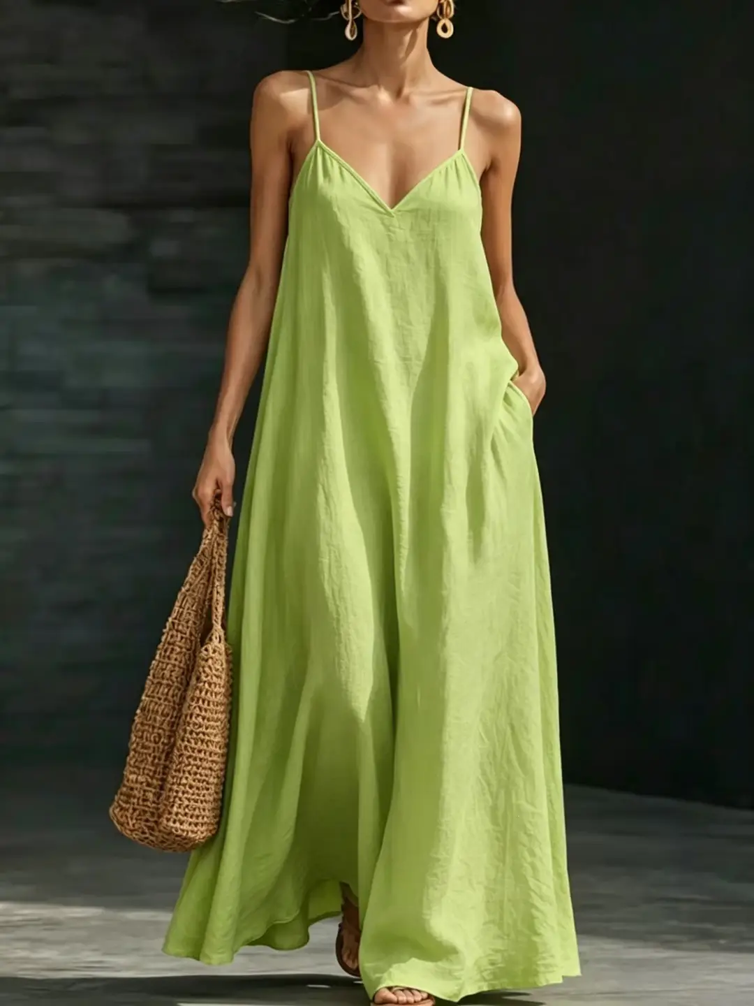 Cross-Border Foreign Trade Summer Dress 2026 New Style V-Neck Strap Long Dress Casual Fashion Large Hem Solid Color Long Dress for Women